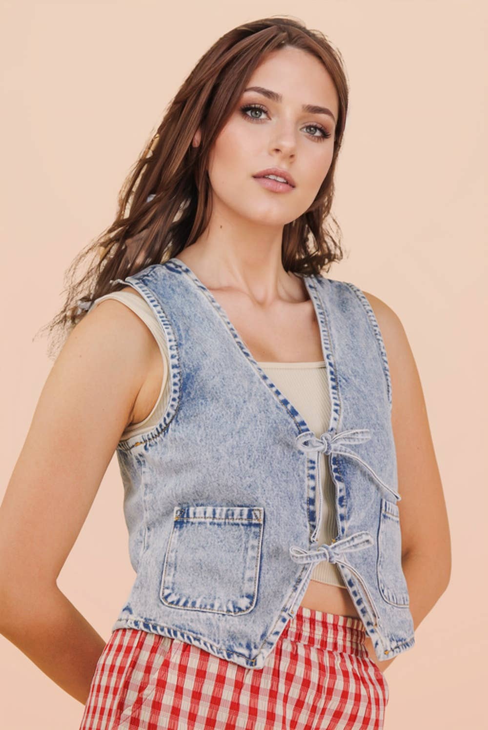 Acid Washed Denim Front Tie Vest
