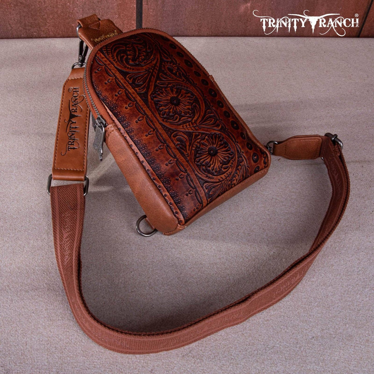 TR159-210A Trinity Ranch Floral Tooled  Collection Sling Bag