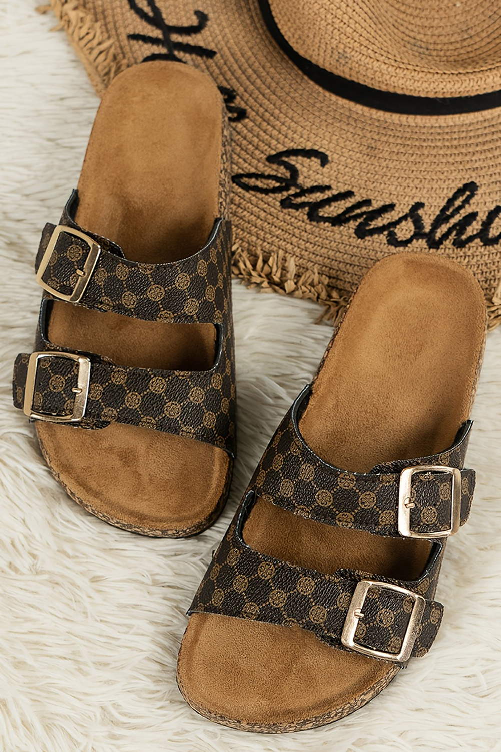LDC Geometric Print Cut Out Buckle PU Leather Flat Slippers
