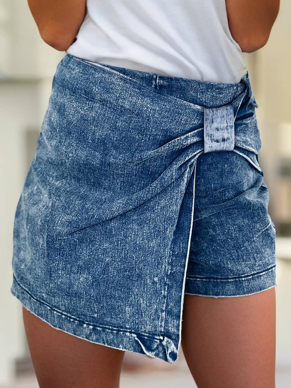 Acid Wash Asymmetric Twisted Wrapped Zipped Denim Skort