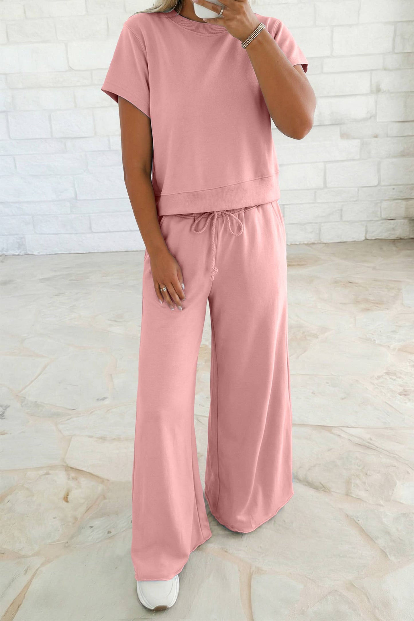 Color Loose Tee Drawstring Wide Leg Pants 2pcs