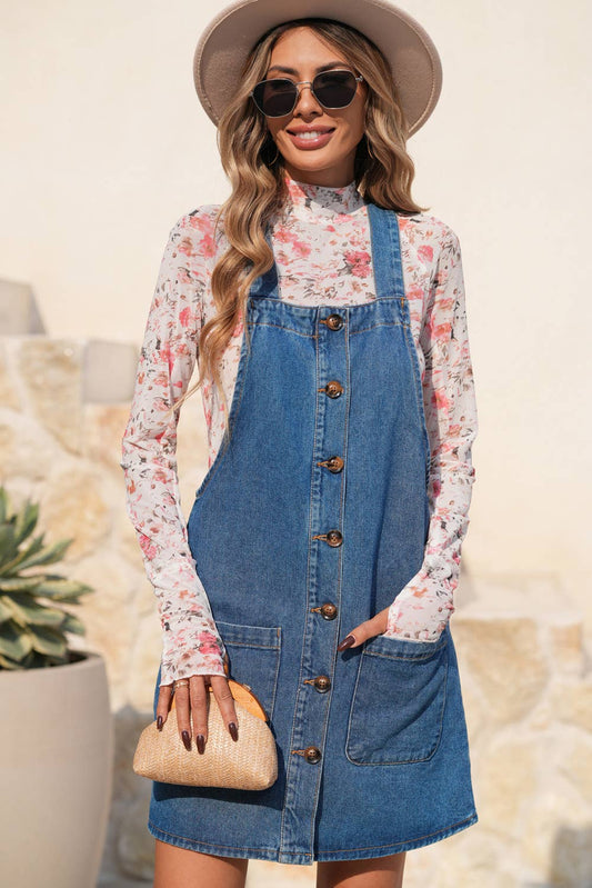 LDC Wide Strap Button Front Pocketed Denim Mini Dress