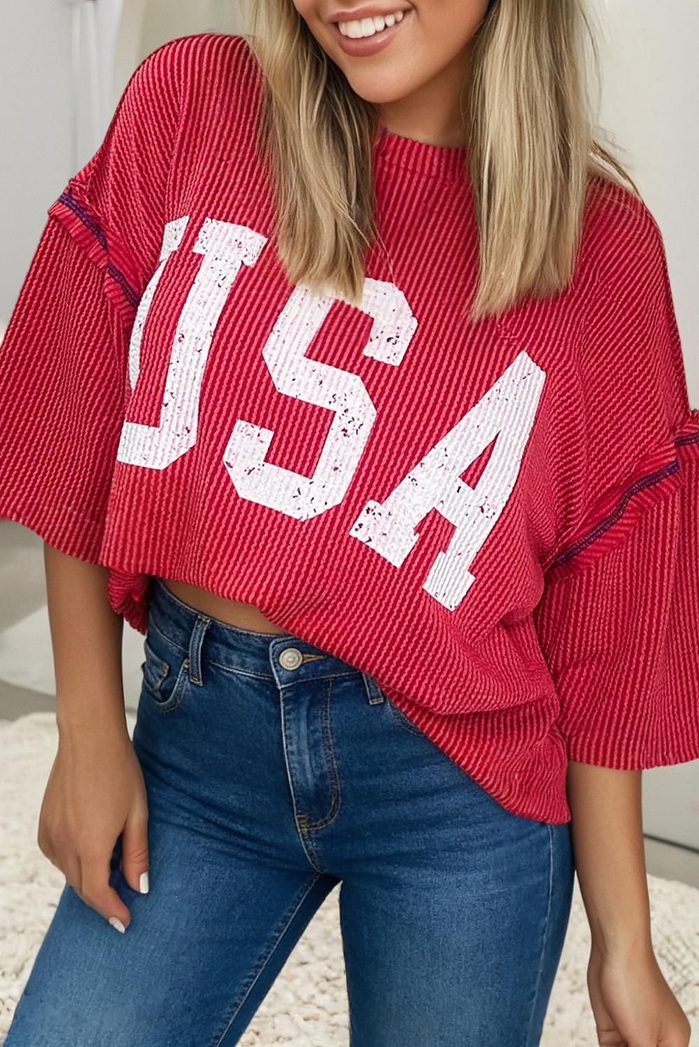 USA Graphic Half Sleeve Loose Ribbed Top