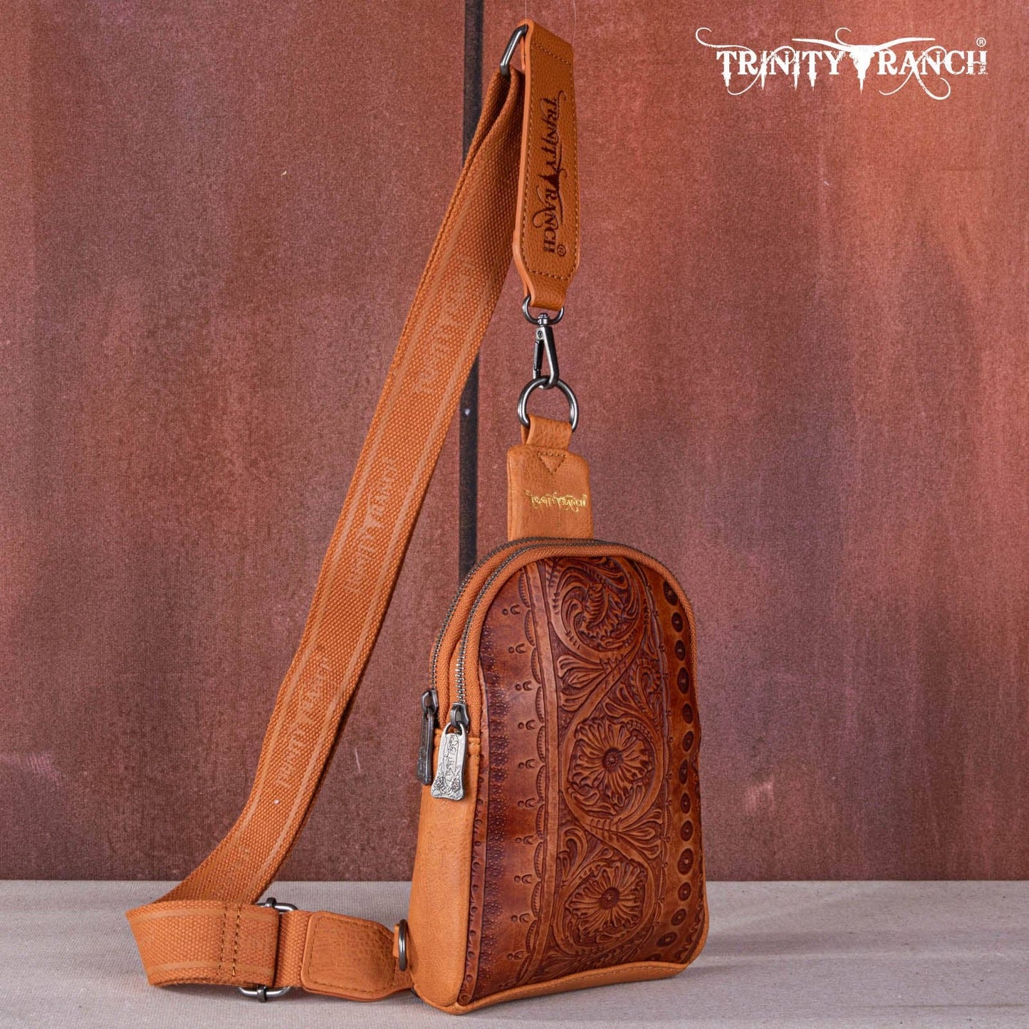 TR159-210A Trinity Ranch Floral Tooled  Collection Sling Bag