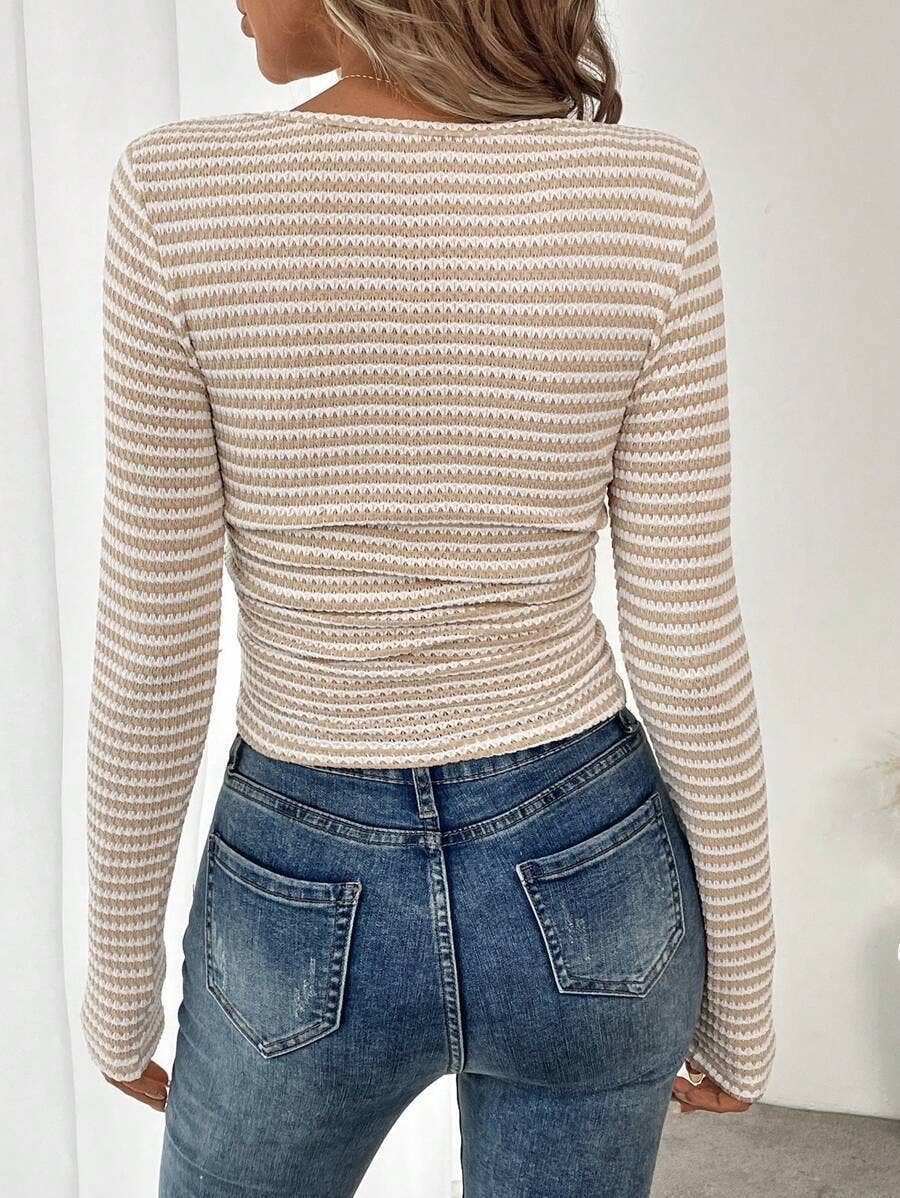 Striped Cotton Knit Top Trendy Fitted Square Neck