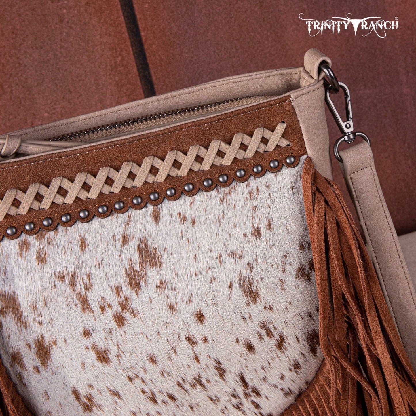 TR171-8360  Trinity Ranch Hair-On Cowhide Fringe Crossbody Bag -Tan